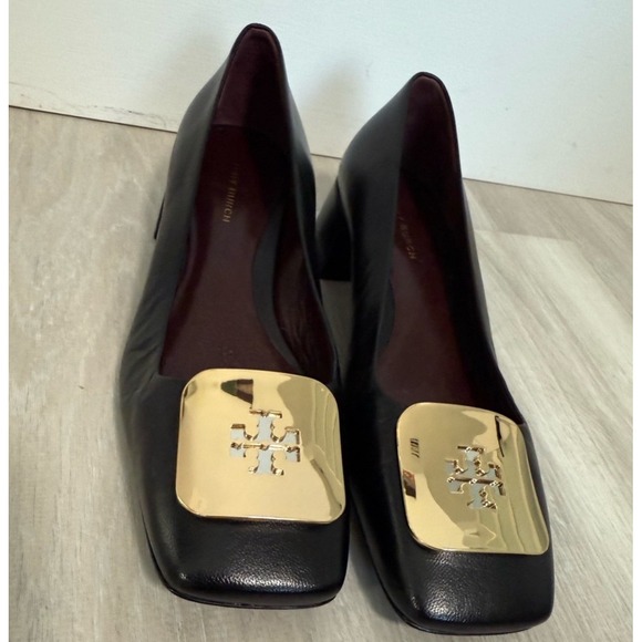 Tory Burch Eleanor Pump Women 6.5M Black Excellent Gold Logo Block Heel Leather - Picture 2 of 14